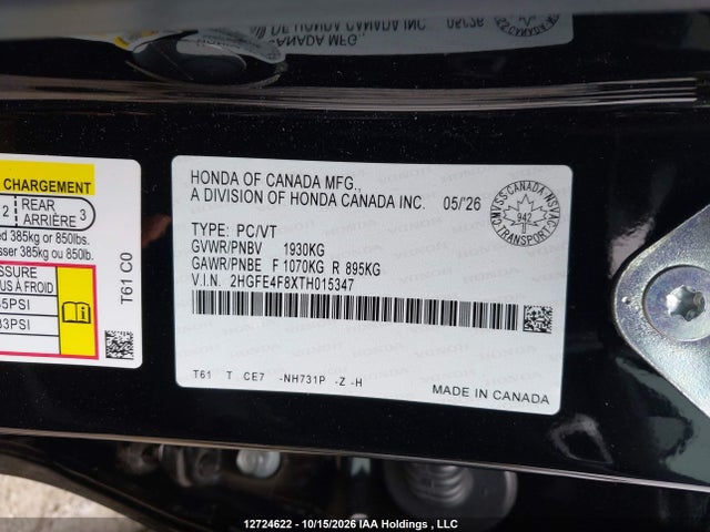 2HGFE4F8XTH015347 Honda Civic Sport Hybrid/sport Touring Hybrid