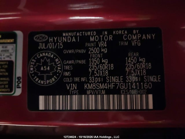 KM8SM4HF7GU141160 Hyundai SANTA FE XL