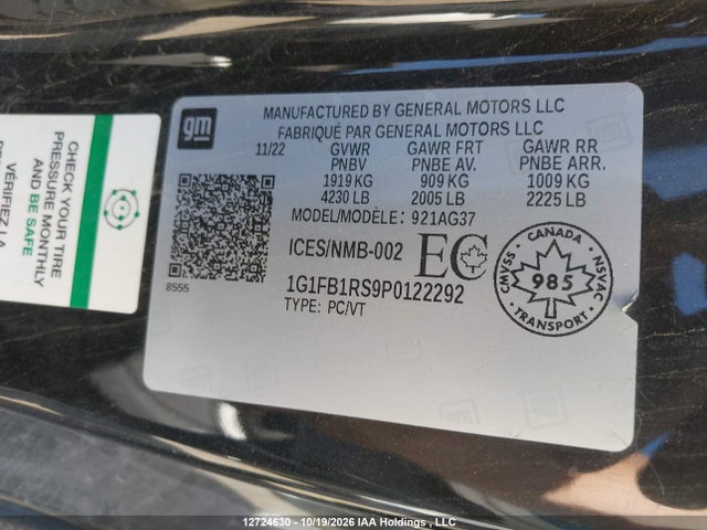 12724630 :رقم المزاد ، 1G1FB1RS9P0122292 vin ، 2023 Chevrolet Camaro 1lt مزاد بيع