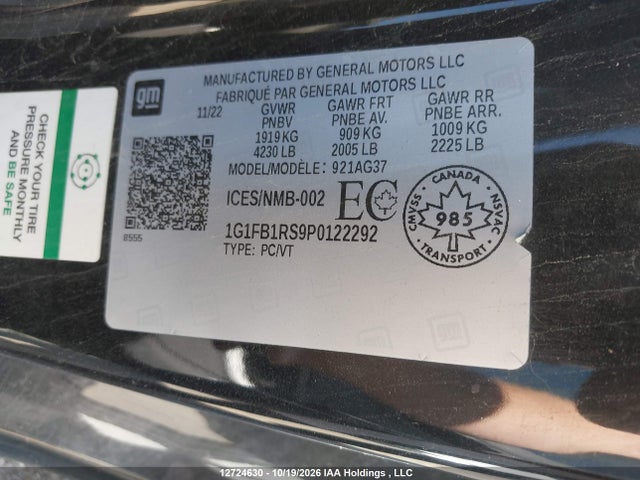 12724630 :رقم المزاد ، 1G1FB1RS9P0122292 vin ، 2023 Chevrolet Camaro 1lt مزاد بيع