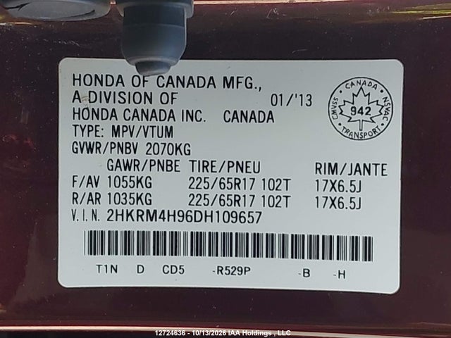 12724636 :رقم المزاد ، 2HKRM4H96DH109657 vin ، 2013 Honda Cr-v Touring مزاد بيع