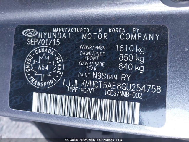 12724664 :رقم المزاد ، KMHCT5AE8GU254758 vin ، 2016 Hyundai Accent Gl مزاد بيع