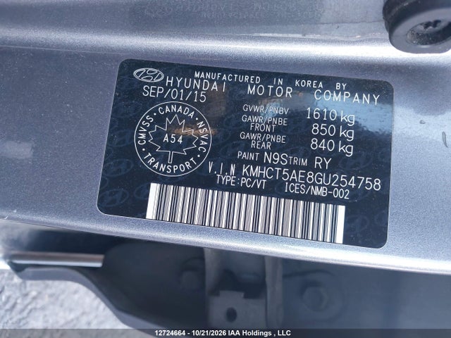 12724664 :رقم المزاد ، KMHCT5AE8GU254758 vin ، 2016 Hyundai Accent Gl مزاد بيع