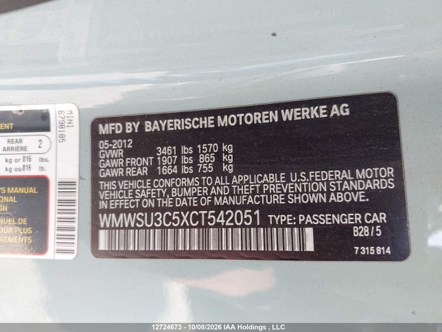 Продажа на аукционе авто 2012 Mini Cooper, vin: WMWSU3C5XCT542051, номер лота: 12724673