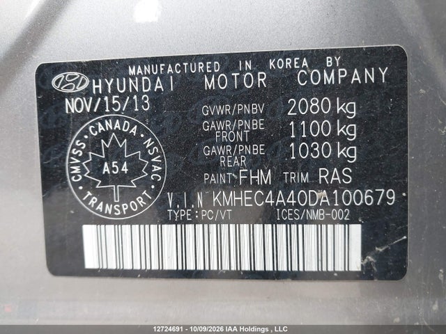 12724691 :رقم المزاد ، KMHEC4A40DA100679 vin ، 2013 Hyundai Sonata Hybrid Hybrid مزاد بيع