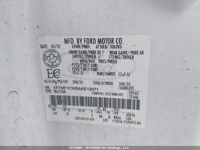 Aukcja sprzedaży 2010 Ford F-150 Xl/xlt, vin: 1FTMF1CW5AKE12071, numer aukcji: 12724694