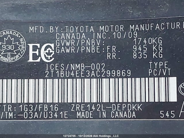 12724705 :رقم المزاد ، 2T1BU4EE3AC299869 vin ، 2010 Toyota Corolla S/le/xle مزاد بيع