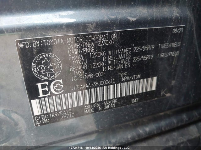 12724716 :رقم المزاد ، JTEAAAAH3MJ002610 vin ، 2021 Toyota Venza Xle مزاد بيع