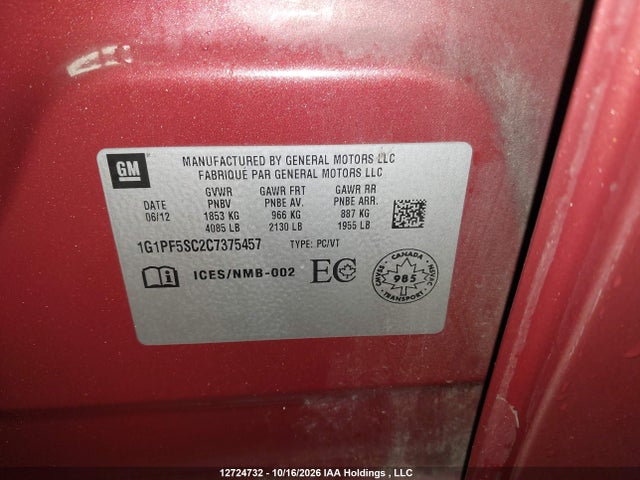 2012 Chevrolet Cruze Lt მანქანა იყიდება აუქციონზე, vin: 1G1PF5SC2C7375457, აუქციონის ნომერი: 12724732