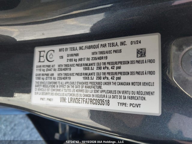 LRW3E7FA7RC093518 Tesla MODEL 3