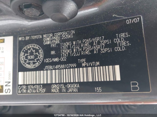 Auction sale of the 2008 Toyota 4runner Sr5/sport, vin: JTEBU14R588107999, lot number: 12724750