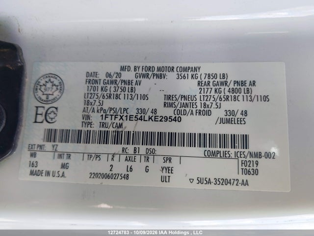 Ford F150 Super Cab 2020 1FTFX1E54LKE29540 Image 9