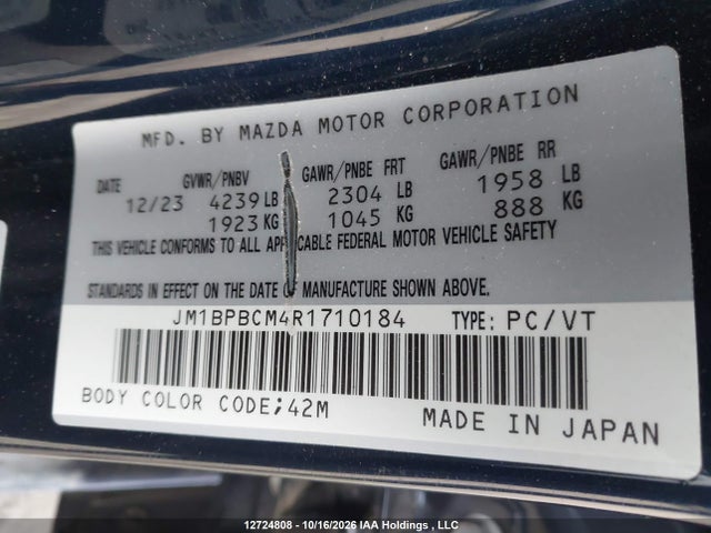 12724808 :رقم المزاد ، JM1BPBCM4R1710184 vin ، 2024 Mazda Mazda3 مزاد بيع