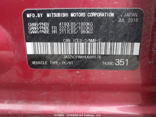 Продажа на аукционе авто 2017 Mitsubishi Lancer Es/se/sel, vin: JA32V2FWXHU600576, номер лота: 12724822