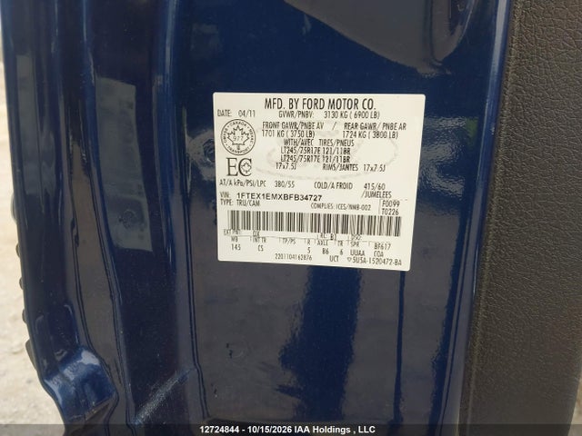 12724844 :رقم المزاد ، 1FTEX1EMXBFB34727 vin ، 2011 Ford F-150 Xl مزاد بيع
