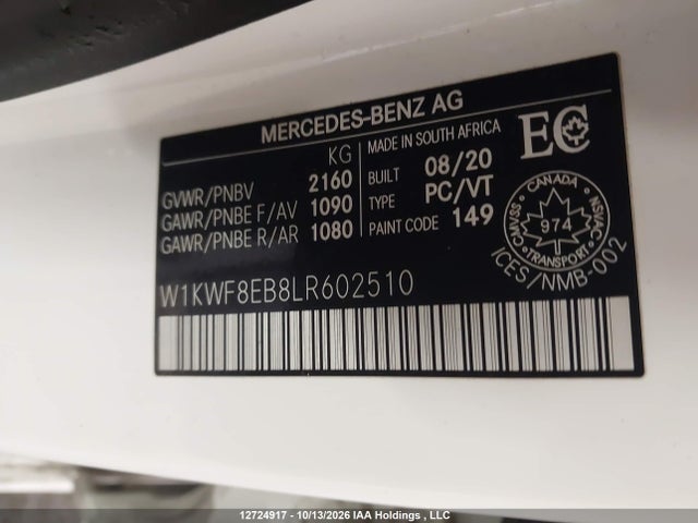 2020 Mercedes-benz C 300 4matic მანქანა იყიდება აუქციონზე, vin: W1KWF8EB8LR602510, აუქციონის ნომერი: 12724917