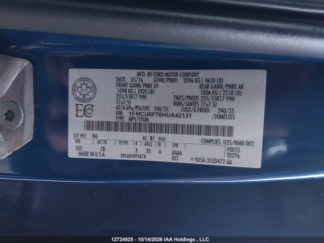 12724925 :رقم المزاد ، 1FMCU0F76HUA42131 vin ، 2017 Ford Escape S مزاد بيع