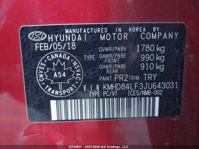 Aukcja sprzedaży 2018 Hyundai Elantra Gl, vin: KMHD84LF3JU643031, numer aukcji: 12724937