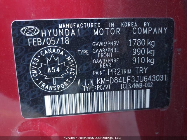 Aukcja sprzedaży 2018 Hyundai Elantra Gl, vin: KMHD84LF3JU643031, numer aukcji: 12724937