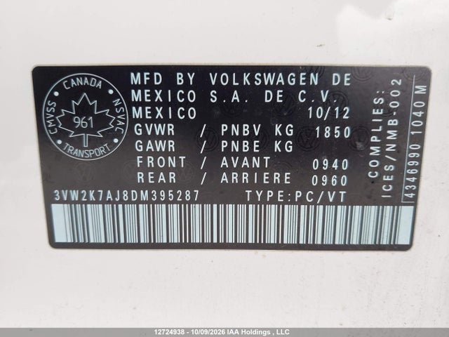 Aukcja sprzedaży 2013 Volkswagen Jetta 2.0l Trendline/2.0l Trendline+, vin: 3VW2K7AJ8DM395287, numer aukcji: 12724938