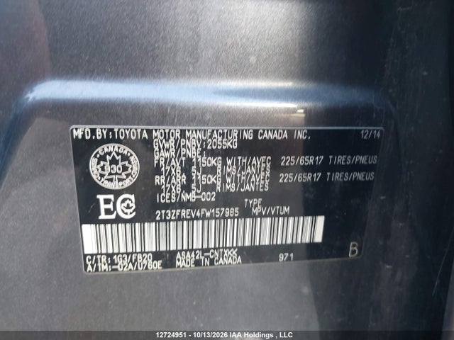 2T3ZFREV4FW157985 Toyota RAV4 LE