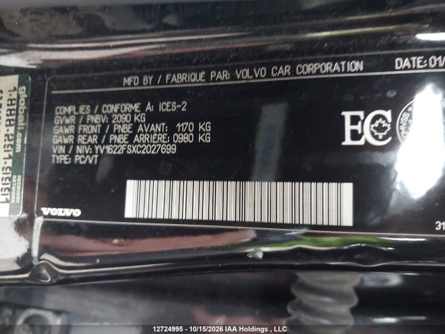 12724995 :رقم المزاد ، YV1622FSXC2027699 vin ، 2012 Volvo S60 T5 Level 1/t5 Level 2 مزاد بيع