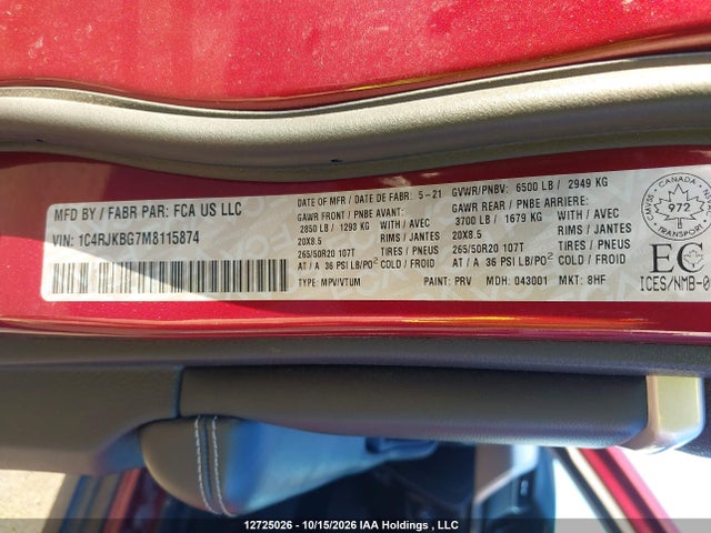 Auction sale of the 2021 Jeep Grand Cherokee L Limited, vin: 1C4RJKBG7M8115874, lot number: 12725026