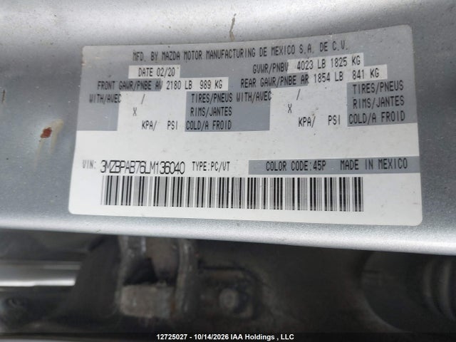 Продажа на аукционе авто 2020 Mazda 3, vin: 3MZBPAB76LM136040, номер лота: 12725027