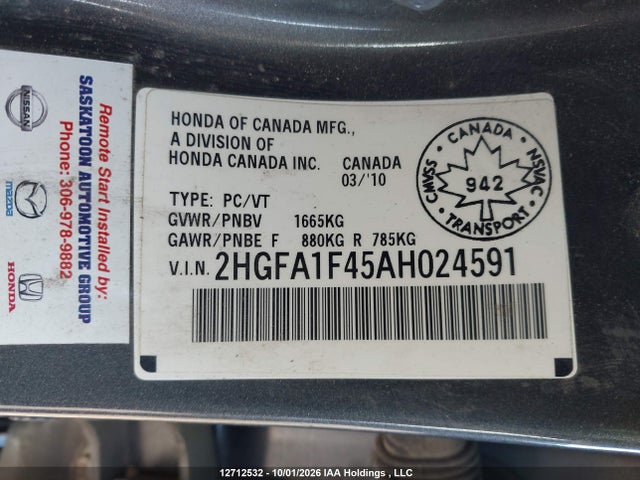 2010 Honda Civic Dx-g მანქანა იყიდება აუქციონზე, vin: 2HGFA1F45AH024591, აუქციონის ნომერი: 12712532
