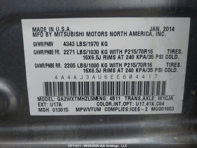 2014 Mitsubishi Rvr მანქანა იყიდება აუქციონზე, vin: 4A4AJ3AU6EE604417, აუქციონის ნომერი: 12711311