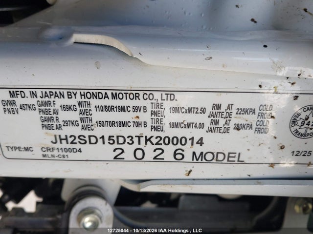 12725044 :رقم المزاد ، JH2SD15D3TK200014 vin ، 2026 Honda Crf1100 D4 مزاد بيع