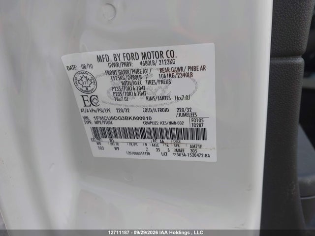 12711187 :رقم المزاد ، 1FMCU9DG3BKA00610 vin ، 2011 Ford Escape Xlt Automatic مزاد بيع
