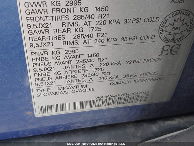 12707209 :رقم المزاد ، WA1WAAF75HD047928 vin ، 2017 Audi Q7 3.0t Technik مزاد بيع