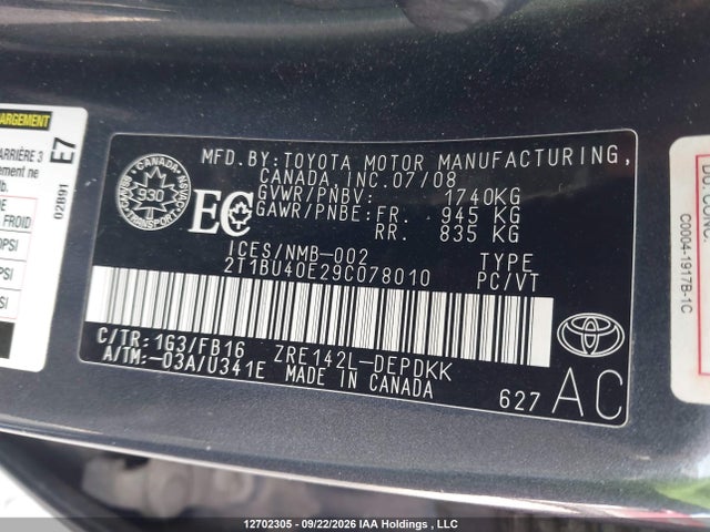 Продаж на аукціоні авто 2009 Toyota Corolla Ce, vin: 2T1BU40E29C078010, номер лоту: 12702305