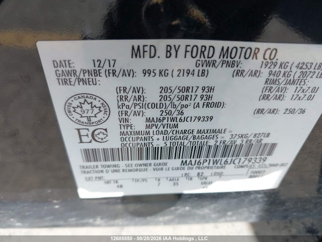 Продаж на аукціоні авто 2018 Ford Ecosport Titanium, vin: MAJ6P1WL6JC179339, номер лоту: 12685850