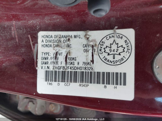 Auction sale of the 2013 Honda Civic Lx, vin: 2HGFB2F45DH018328, lot number: 12718125
