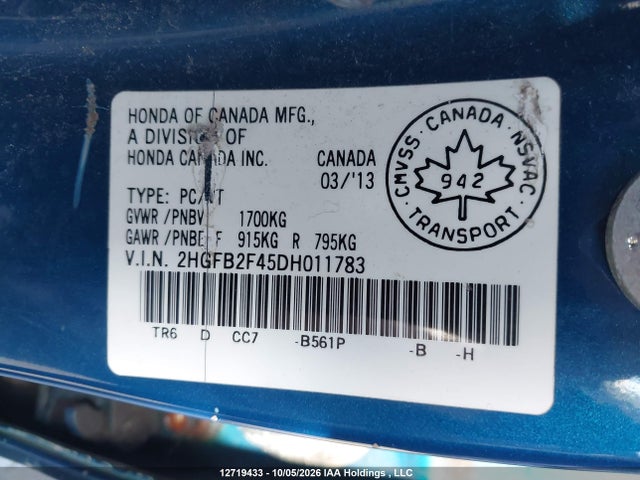 2013 Honda Civic Lx მანქანა იყიდება აუქციონზე, vin: 2HGFB2F45DH011783, აუქციონის ნომერი: 12719433
