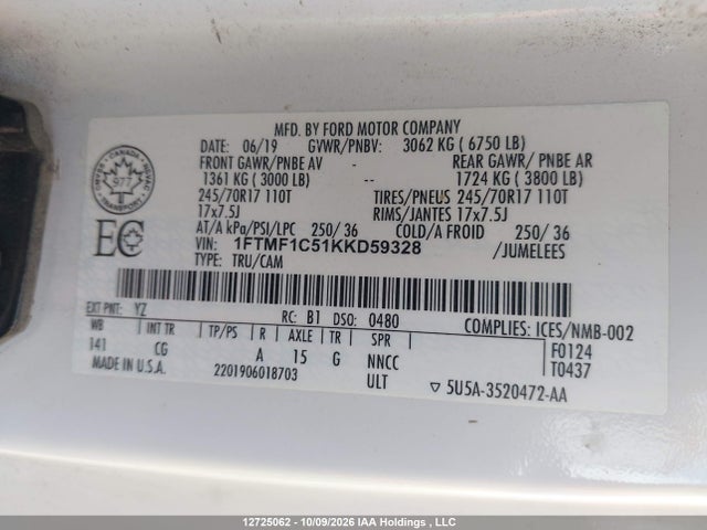 Продажа на аукционе авто 2019 Ford F-150 Xl, vin: 1FTMF1C51KKD59328, номер лота: 12725062