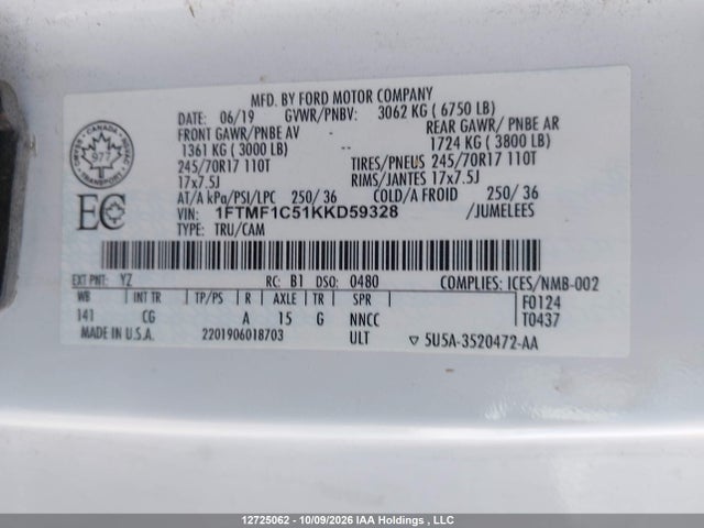 Продажа на аукционе авто 2019 Ford F-150 Xl, vin: 1FTMF1C51KKD59328, номер лота: 12725062
