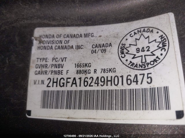2009 Honda Civic Dx/dx-a მანქანა იყიდება აუქციონზე, vin: 2HGFA16249H016475, აუქციონის ნომერი: 12700490