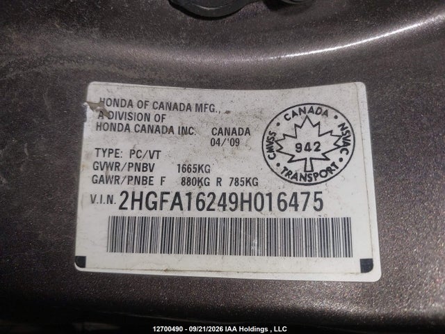 2009 Honda Civic Dx/dx-a მანქანა იყიდება აუქციონზე, vin: 2HGFA16249H016475, აუქციონის ნომერი: 12700490