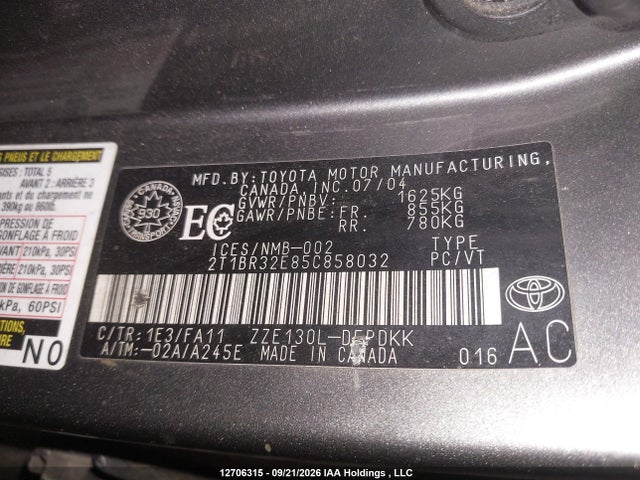 12706315 :رقم المزاد ، 2T1BR32E85C858032 vin ، 2005 Toyota Corolla Ce/le/sport مزاد بيع