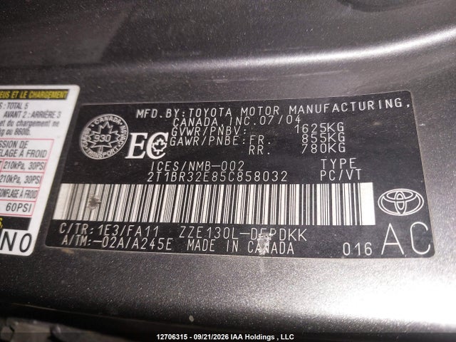 12706315 :رقم المزاد ، 2T1BR32E85C858032 vin ، 2005 Toyota Corolla Ce/le/sport مزاد بيع