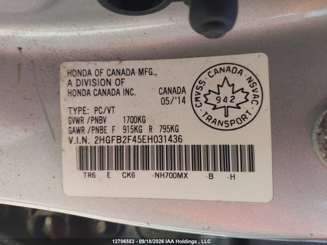 12706553 :رقم المزاد ، 2HGFB2F45EH031436 vin ، 2014 Honda Civic Lx مزاد بيع