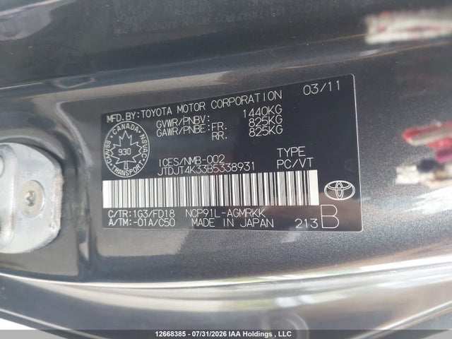 12668385 :رقم المزاد ، JTDJT4K33B5338931 vin ، 2011 Toyota Yaris Ce مزاد بيع