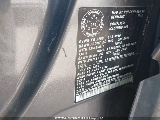 Продаж на аукціоні авто 2012 Volkswagen Tiguan S/se/sel, vin: WVGBV7AX9CW003507, номер лоту: 12707734