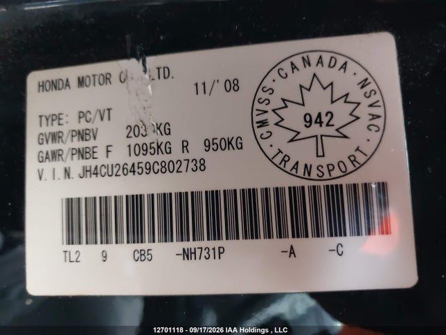 12701118 :رقم المزاد ، JH4CU26459C802738 vin ، 2009 Acura Tsx مزاد بيع
