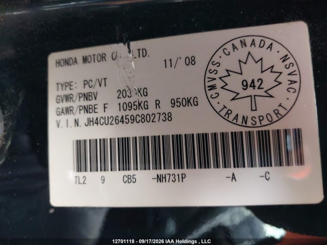 12701118 :رقم المزاد ، JH4CU26459C802738 vin ، 2009 Acura Tsx مزاد بيع