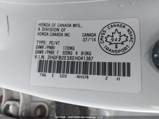 Honda CIVIC EX 2014 2HGFB2E5XEH041387 Image 9