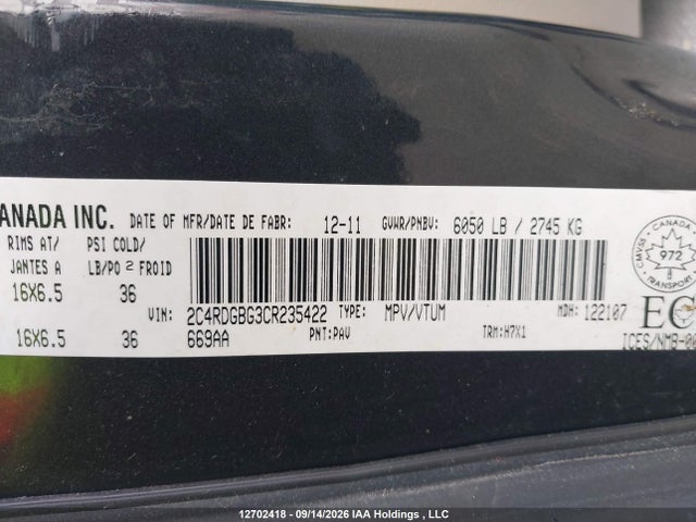 Auction sale of the 2012 Dodge Grand Caravan Se/sxt, vin: 2C4RDGBG3CR235422, lot number: 12702418